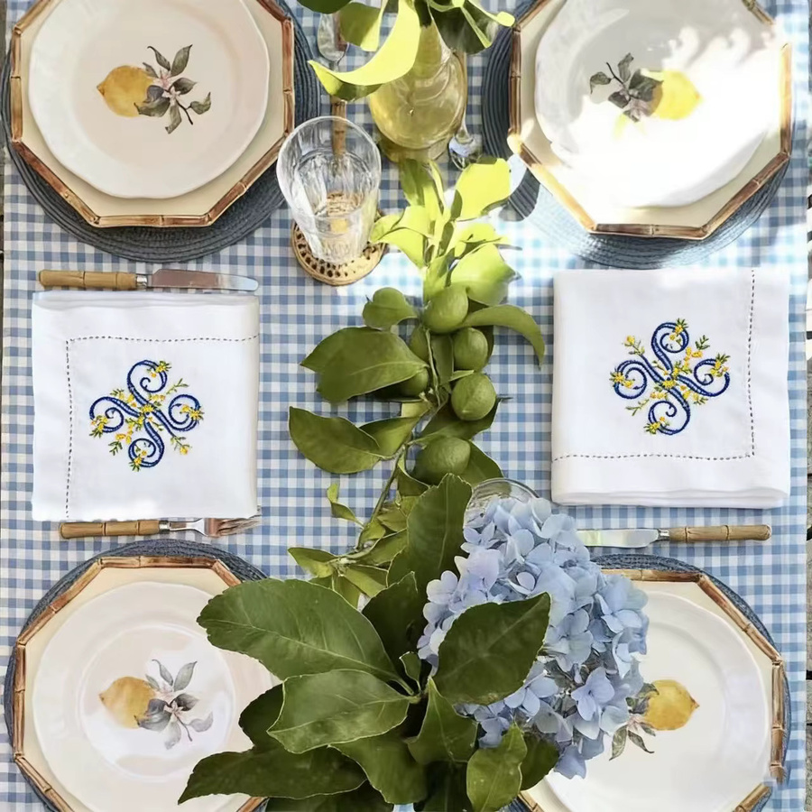 Sanat Leinen-Serviette mit Zitronen-Stickerei und Monogramm in Weiß, B/B: 42 x 42 cm - Bild 3