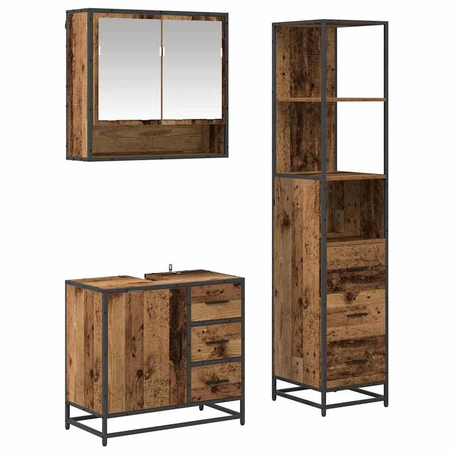 vidaXL Badezimmermöbel-Set 3-teilig in Altholz-Optik Braun mit Spiegelschrank, Waschtisch und Schrank mit Schubladen - Bild 2