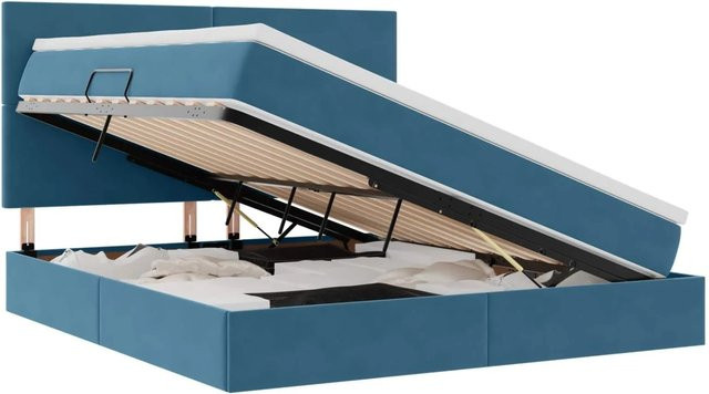 vidaXL Bett mit Stauraum und LED in Dunkelblau aus Samt, B/T/H: 180 x 200 x 128 cm - Bild 1
