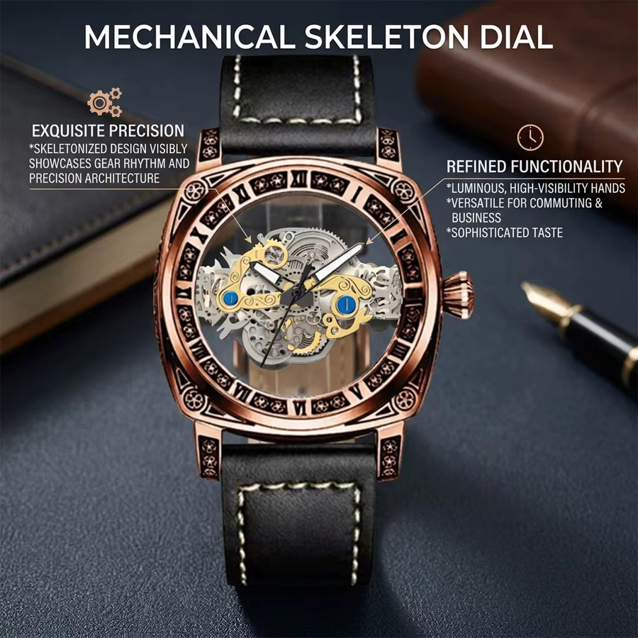 CAROTIF Skelett-Mechanikuhr, Handaufzug, Roségold, Leder, Unisex - Bild 2