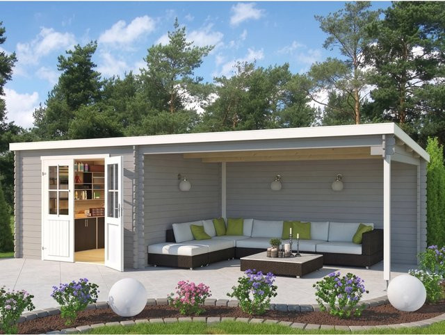 Lasita Gartenhaus St. Louis Exklusiv mit Anbaudach in Hellgrau, Wandstärke 28 mm, B/T/H: 695 x 309 x 211 cm - Bild 1