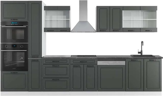 Vicco R-Line Küchenzeile Landhausstil in Anthrazit und Weiß mit Hochschrank, Breite: 350 cm - Bild 1