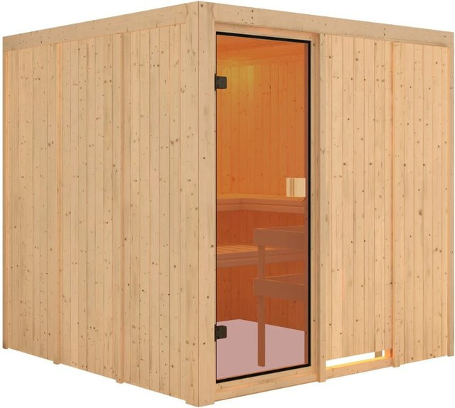 Karibu Sauna Oulu mit Fronteinstieg und bronzierter Glastür aus Fichte in Braun, B/T/H: 196 x 196 x 198 cm - Bild 1