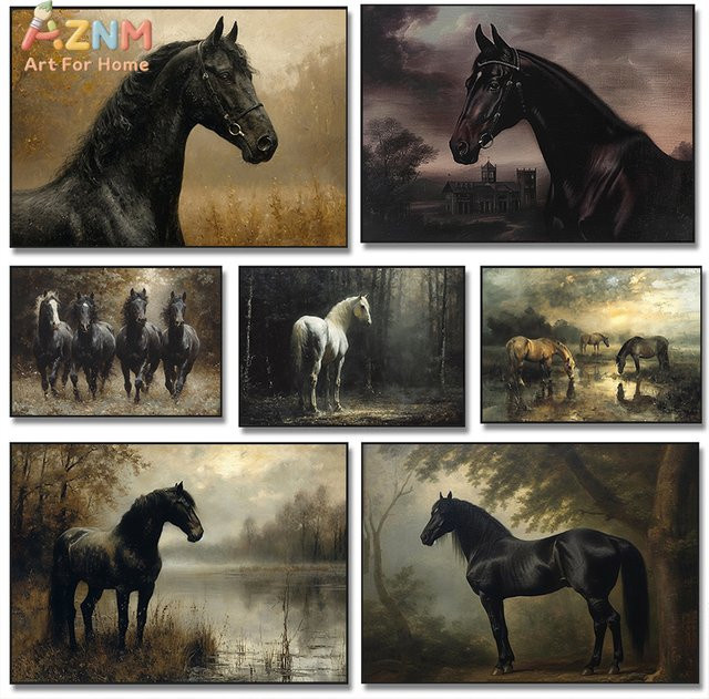 Kayou Vintage Schwarzes Pferde-Ölgemälde auf Leinwand, Rahmenlose Wandkunst mit Tierdruck in Schwarz und Multicolour - Bild 1