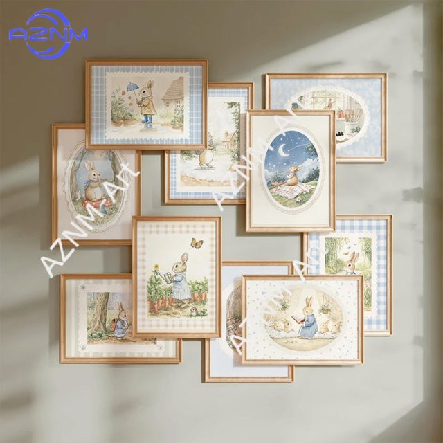 KAYOU Vintage Boho Kunstposter Blau Kariertes Hasen-Motiv als Leinwandmalerei für Kinderzimmer und Schlafzimmer - Bild 1
