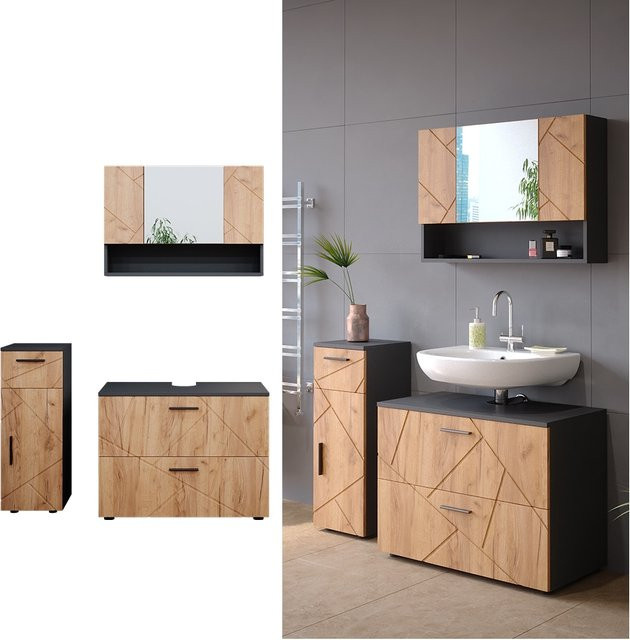 Vicco Badmöbelset Irma in Anthrazit und Eiche, 3-teiliges Badezimmer-Set mit Spiegelschrank, Midischrank und Waschtischunterschrank - Bild 1