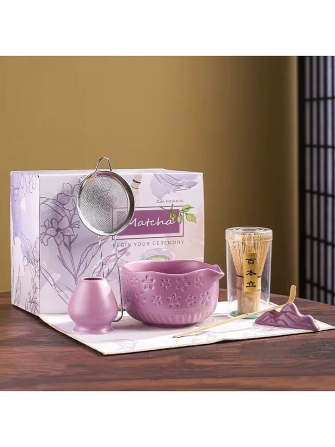 7-teiliges Matcha-Set mit Sakura-Design, grüne Keramikschüssel und Schneebesen für die Teezeremonie - Bild 4