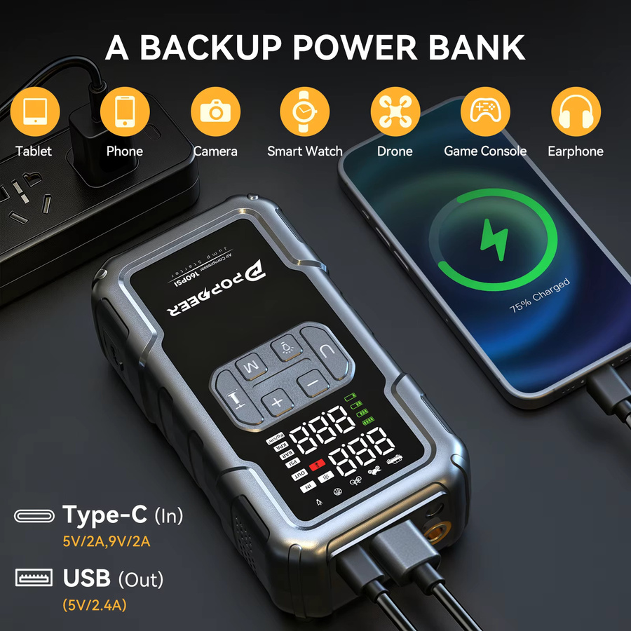 POPDEER PD-JA2 4000A Starthilfe mit 160PSI Luftkompressor, Benzin/Diesel Booster, Powerbank und Licht in Schwarz - Bild 5