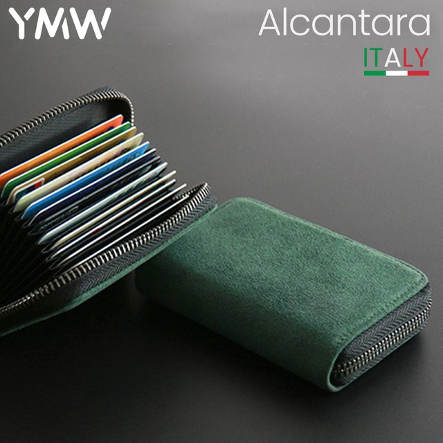 YMW Luxus Kartenhalter aus Alcantara und Kunstleder für Damen und Herren, Schwarz, Dünne Zipper-Brieftasche - Bild 1