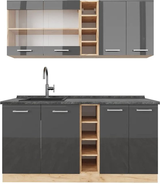 Vicco R-Line Singleküche Anthrazit Hochglanz und Goldkraft Eiche, Breite: 160 cm - Bild 1