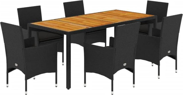 vidaXL 7-teilige Garten-Essgruppe aus Poly-Rattan und Akazienholz in Schwarz mit Kissen - Bild 1