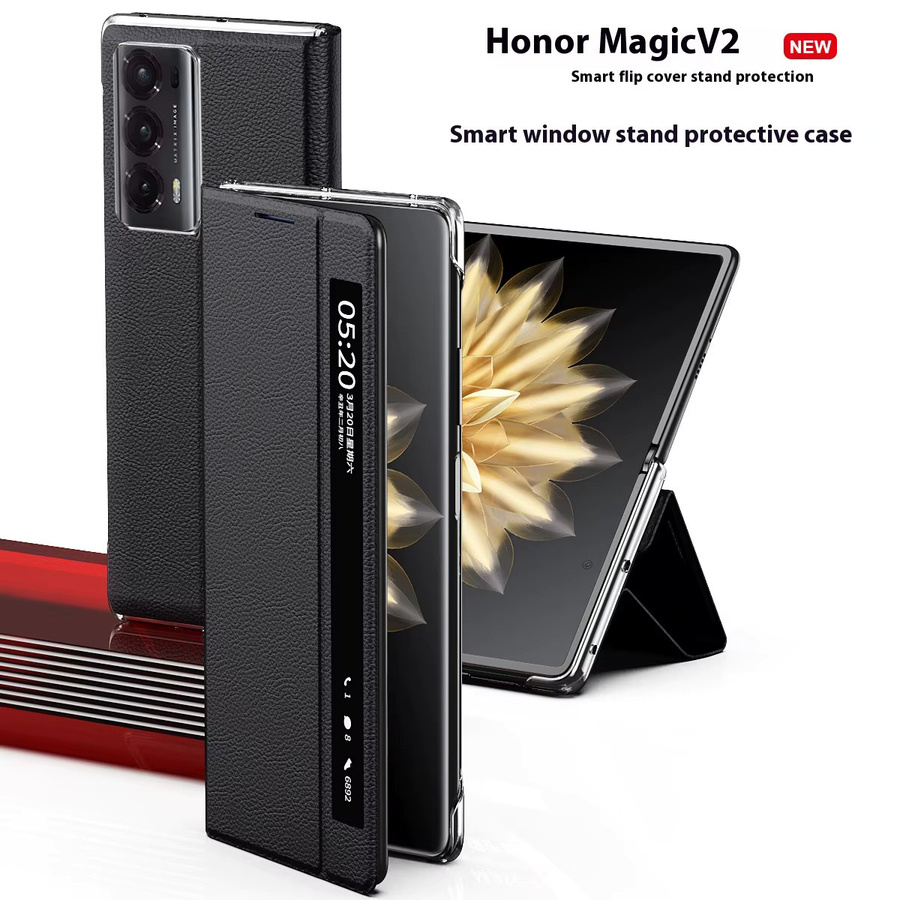 Honor Magic V2 Smart Window Leder-Handyhülle in Schwarz mit magnetischem Flip-Design und Stoßschutz - Bild 2