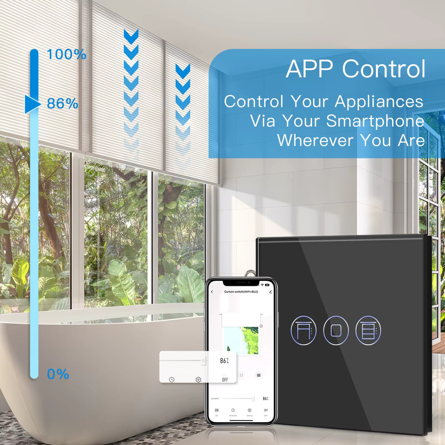 BSEED WLAN Smart Shutter-Schalter mit Tuya und Alexa Unterstützung, Glas-Wandschalter in Schwarz oder Blau mit blauer Hintergrundbeleuchtung - Bild 2