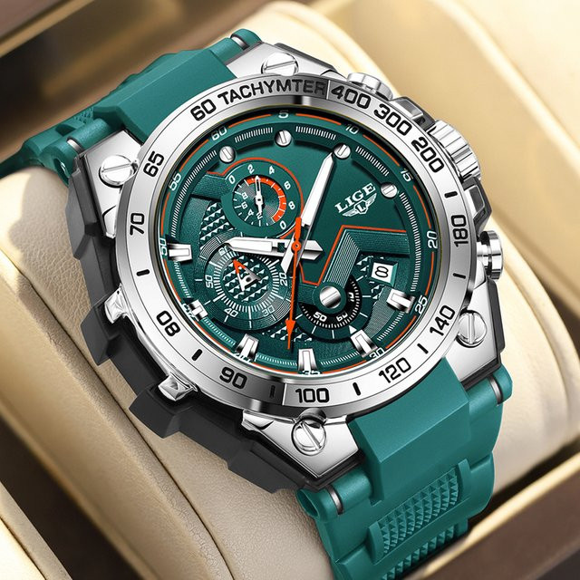 LIGE Chronograph Armbanduhr, Quarz, Silikon, Grün, Herren - Bild 1
