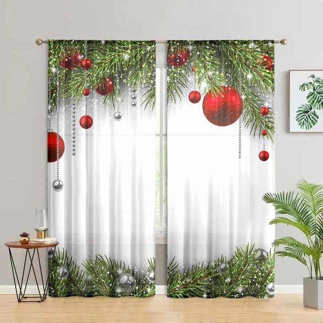 2er-Set Weihnachtskugel Vorhänge in Braun mit Weihnachtsbaum-Design, halbtransparent, B: 150 cm, H: 166 cm - Bild 1