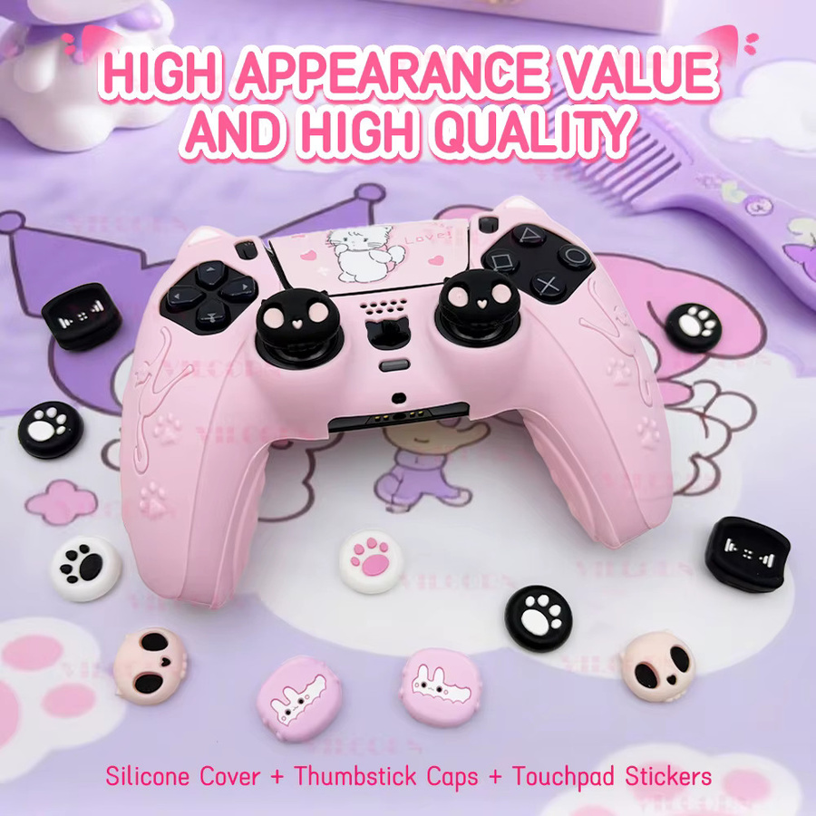 VILCORN Silikon Schutzhülle für PS5 DualSense Controller in Pink mit 2 Joysticks und Daumenkappen - Bild 2