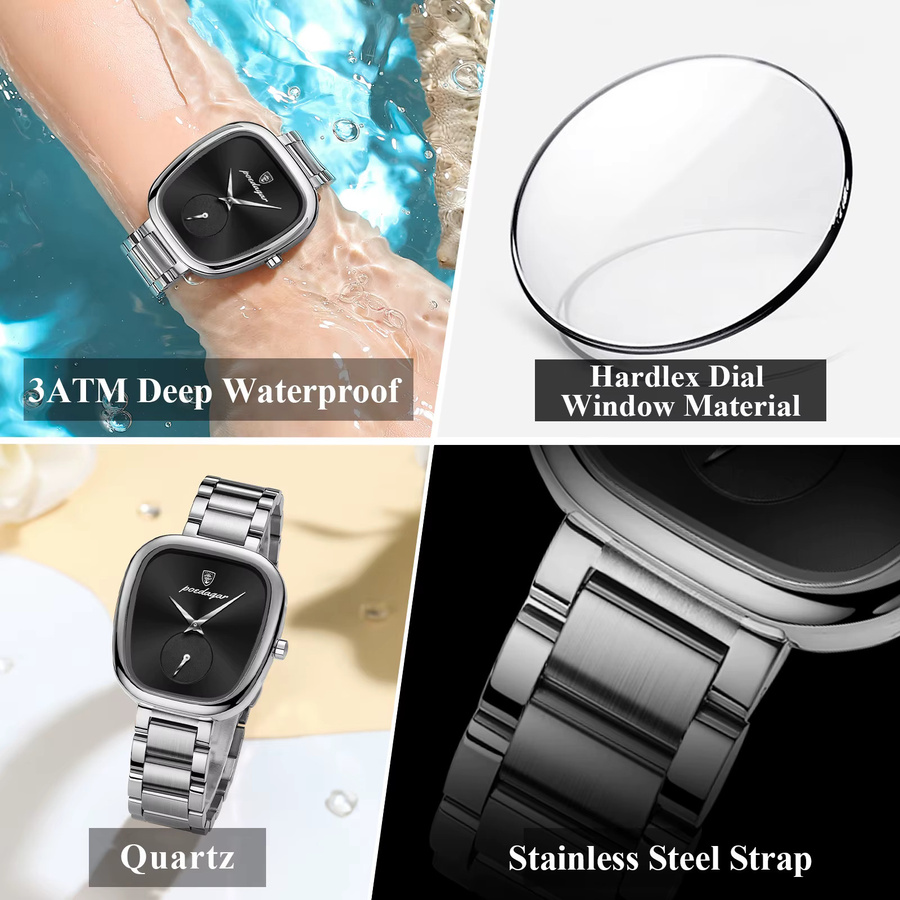 POEDAGAR Armbanduhr Edelstahl, Quarz, Schwarz, Silber, Damen - Bild 4