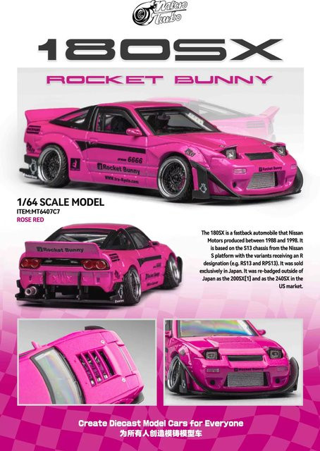 Micro Turbo 180SX Rocket Bunny Rose Red, Druckguss-Modellauto, 1:64 - Bild 1