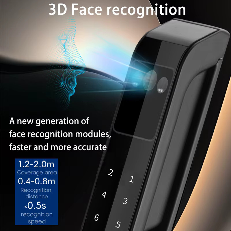 XSDTS Smart Türschloss mit 3D-Gesichtserkennung und Handvenen-Scan, Tuya WiFi Elektronisches Schloss mit Fingerabdruck und Passwort, Wasserdichtes Aluminium-Glas-Schiebetürschloss in Schwarz - Bild 4
