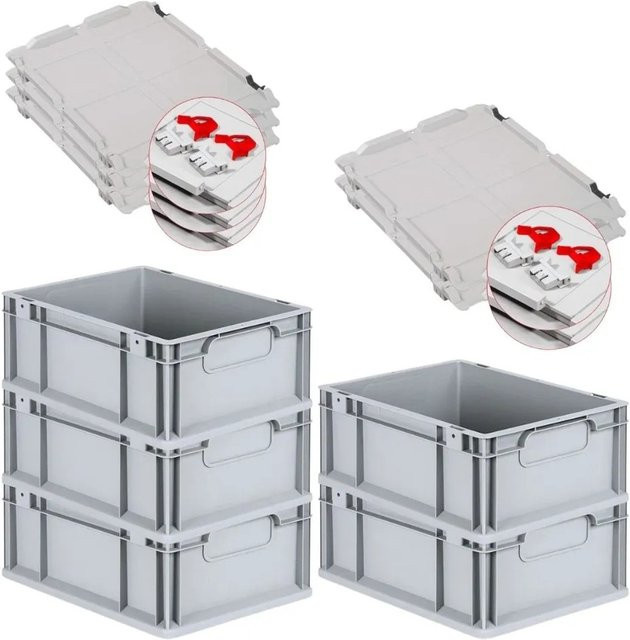 PROREGAL Spar Set 5x Eurobox Nextgen Economy mit Scharnierdeckel und roten Schiebeschnappverschlüssen, Grau, H x B x T: 17 x 30 x 40 cm - Bild 1