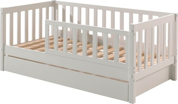 Vipack Juniorbett aus massiver Kiefer mit Bettschublade und Sprossenumrandung, Weiß, B/T: 140 x 70 cm