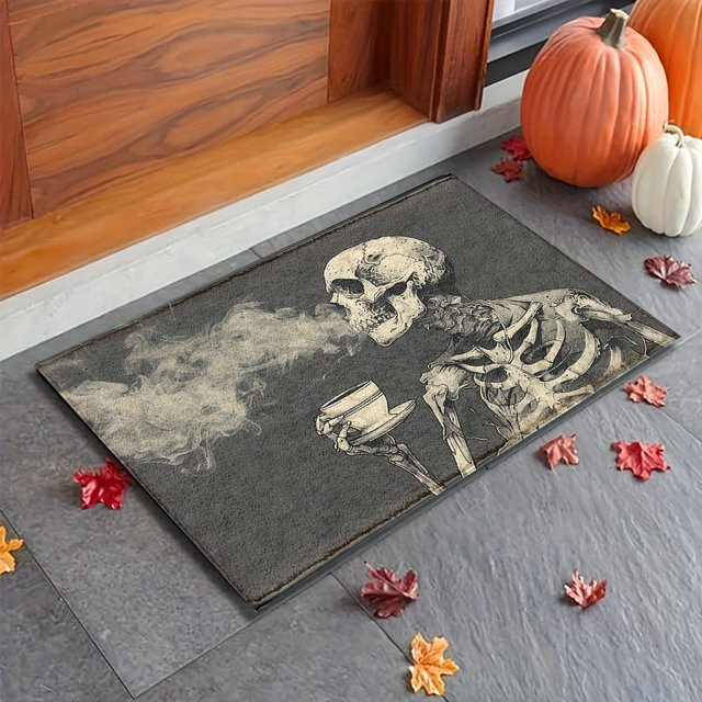 VIKAMA Halloween Kaffeeteppich mit Skelett, Herbstblättern und Kürbissen, Grau, B/T: 60 x 40 cm - Bild 1