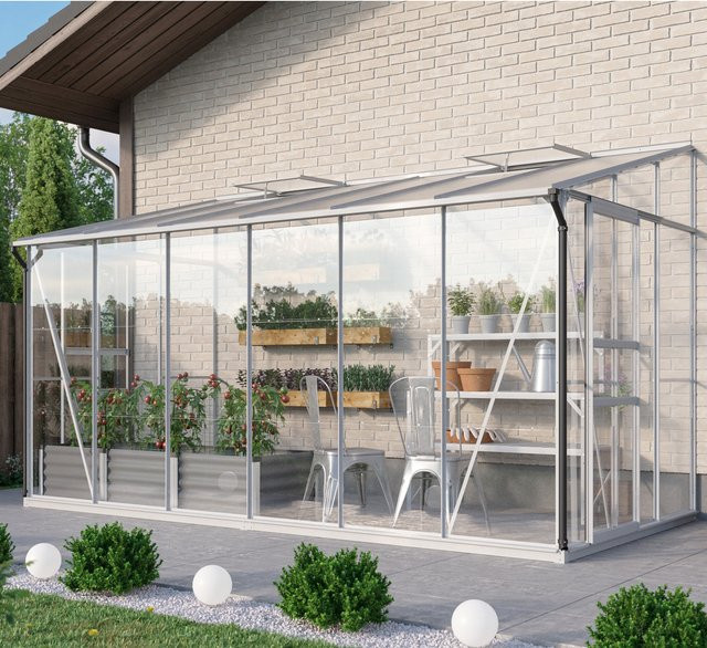 Vitavia Anlehn-Gewächshaus Osiris 7800 in Silber mit Aluminiumrahmen, 7,8 m², Pultdach, Doppelschiebetür und Polycarbonat-Dachfenster - Bild 1