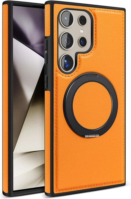 Fudusaidman Echtleder-Telefonhülle mit magnetischer rotierender Metallhalterung für Samsung S24, S25 Ultra, S23 und S22 Ultra Plus in Braun und Orange - Bild 1