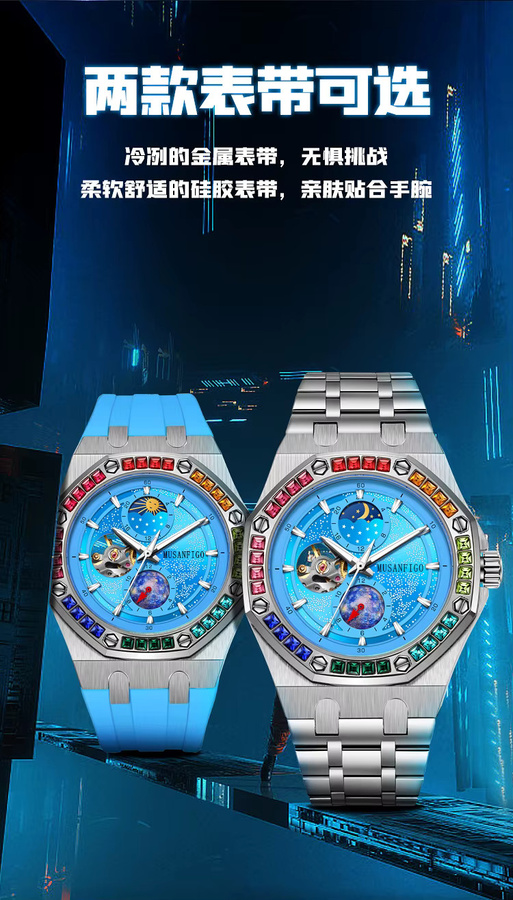 MUSANFIGO Automatik-Armbanduhr Edelstahl, Blau, Diamantbesetzt, Herren - Bild 5
