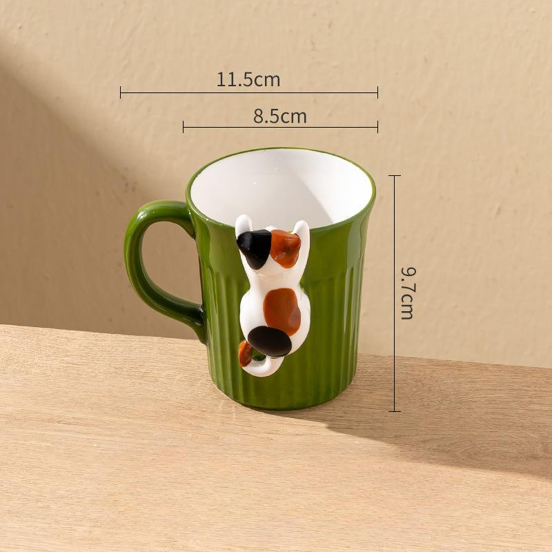 Niedliche Keramiktasse mit Katzenmotiv in Grün und Gelb, geprägtes Design, Volumen: 301-400 ml - Bild 3