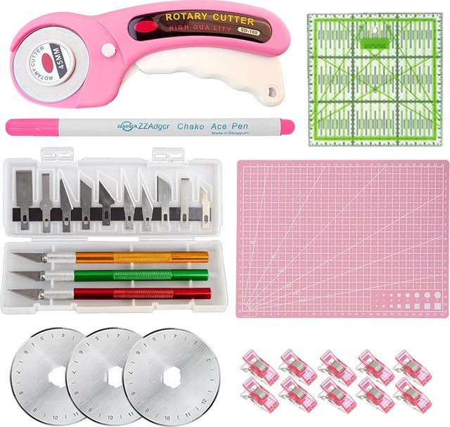 Drehbares Schneideset für DIY-Handwerk und Papierkunst in Pink mit A4-Schneidpad, Nahtlineal, Clips und Schnitzmesserset - Bild 1