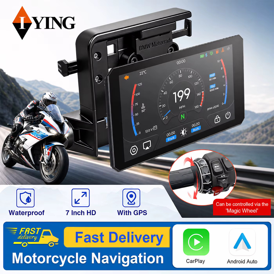 IYING 7 Zoll Motorrad Display mit kabellosem CarPlay und Android Auto, schwarzes Display für BMW R1200GS R1250GS R1300GS S1000XR inklusive TPMS Reifendruckkontrolle und Lenkrad-Drehregler-Steuerung - Bild 2
