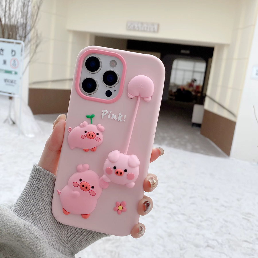 Rosa 3D Schweinchen Silikon-Handyhülle mit Anhänger für Apple iPhone 13 14 15 16 17 Pro Max - Bild 2