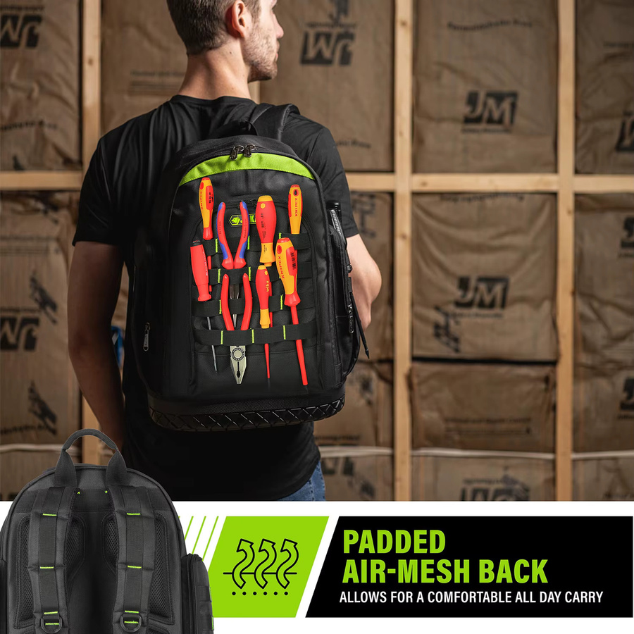 Jakah Werkzeugrucksack HL096 mit Kunststoff-Unterseite und Einstecktaschen in Schwarz-Grün-Transparent - Bild 3