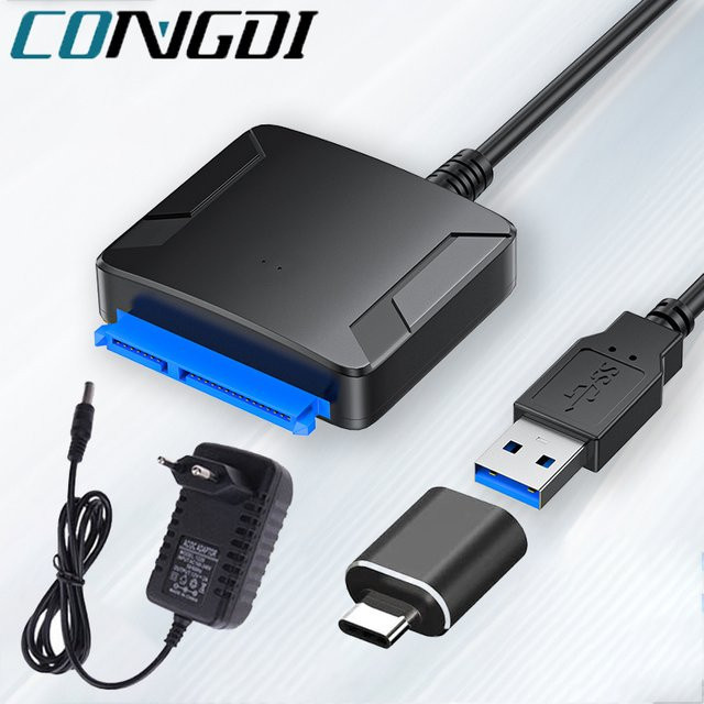 Congdi SATA zu USB-C Adapterkabel für 3,5 und 2,5 Zoll SSD HDD SATA III Festplattenkonverter mit UASP Unterstützung und 12 V Netzteil, Schwarz - Bild 1