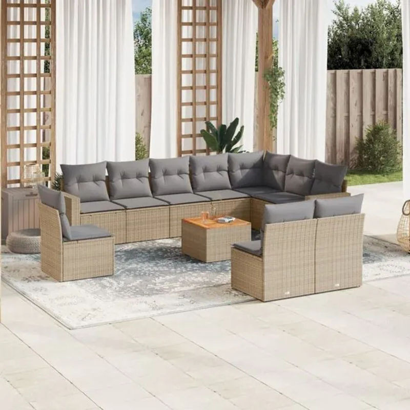 VIDAXL 11-tlg. Garten-Sofagarnitur aus Polyrattan und Akazie mit Kissen in Beige und Grau - Bild 1