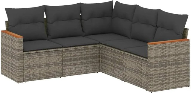 vidaXL 5-tlg Garten-Sofagarnitur in L-Form aus Polyrattan und Akazienholz mit Kissen in Grau - Bild 1