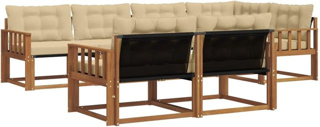 vidaXL Outdoor-Sofagarnitur 7-teilig aus Akazienholz mit Textilene und Kissen, L-Form, Beige und Braun - Bild 1