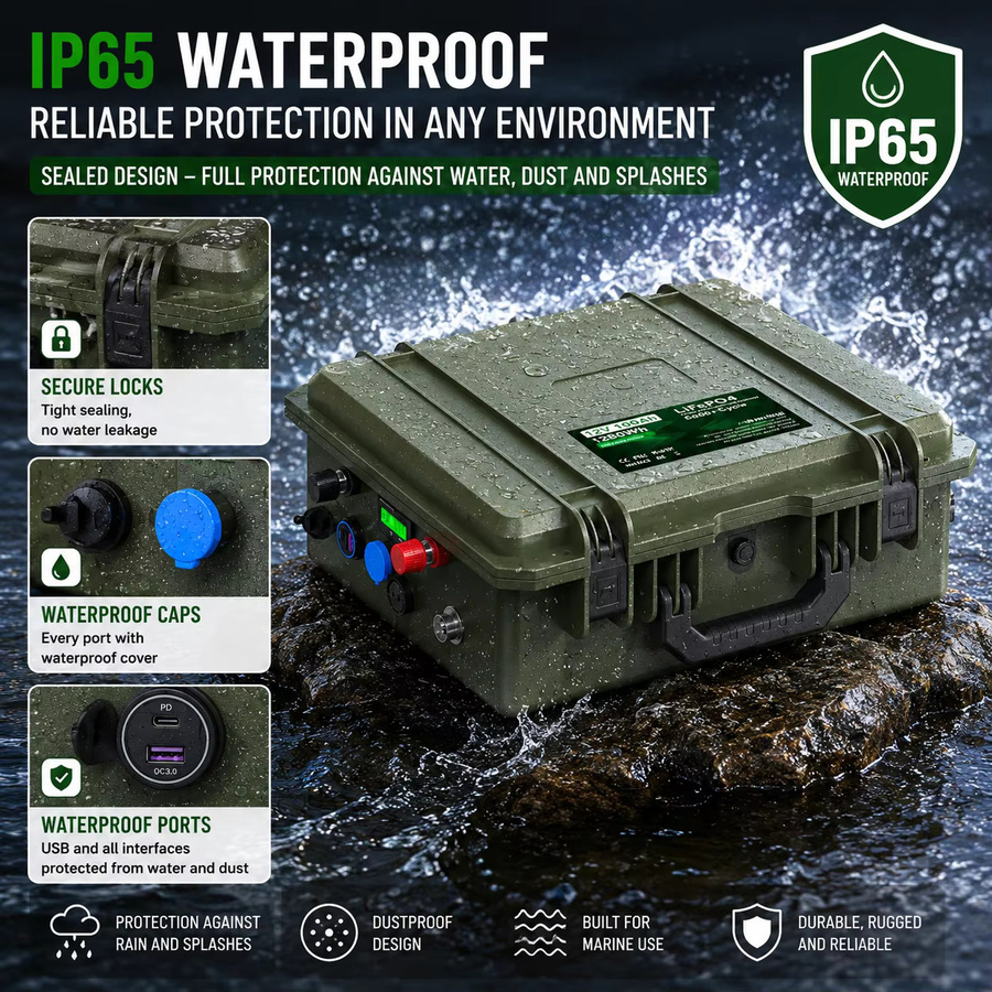 SYPOOE LiFePO4 Batteriepack 12V mit Bluetooth BMS und USB-C Anschluss, IP65 wassergeschützt, grün - Bild 5