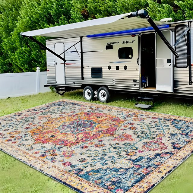 VIKAMA Bohemian Floral Outdoor-Teppich, rutschfeste Campingmatte für Garten, Terrasse und Balkon, Mehrfarbig, B: 160 cm, T: 80 cm - Bild 1