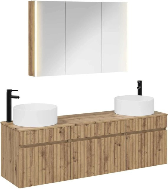 vidaXL Badezimmerschrank-Set 4-teilig in Artisan-Eiche, modern und wandmontiert, inklusive Waschtischunterschrank und Spiegelschrank mit LED-Beleuchtung, braun matt - Bild 1