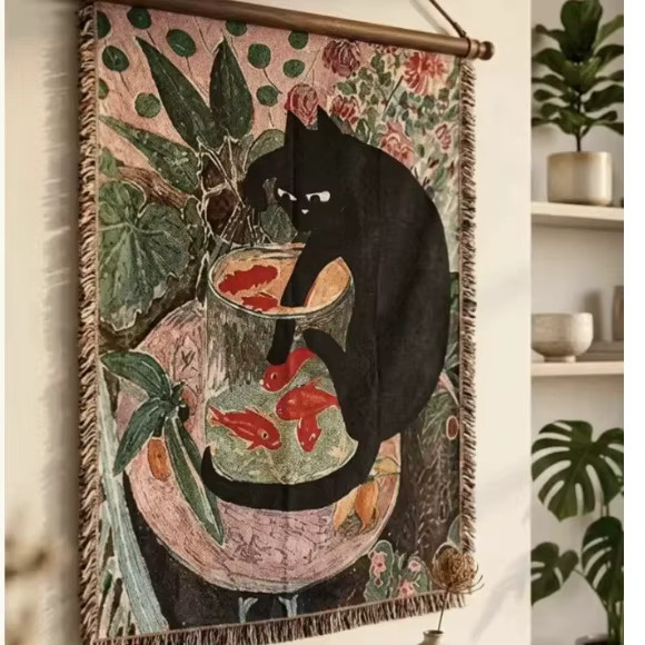 Le Angeer Vintage Wandteppich im Boho-Stil mit schwarzer Katze und Goldfisch, gewebter Wandbehang mit botanischem Garten-Design in Schwarz und Gold, Breite: 160 cm, Höhe: 130 cm - Bild 2
