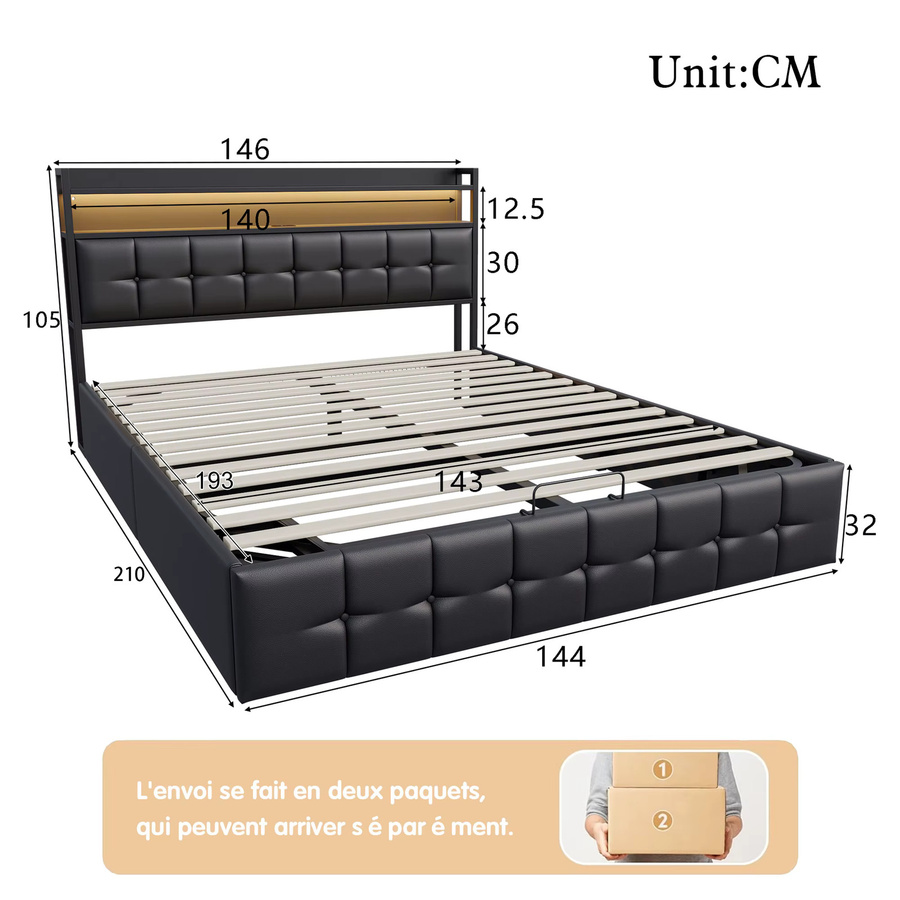 Rosahqnda Polsterbett mit LED-Beleuchtung und USB-Ladefunktion in Grau, Doppelbett mit Stauraum und Lattenrost aus PU-Leder, B/T: 140 x 190 cm - Bild 2