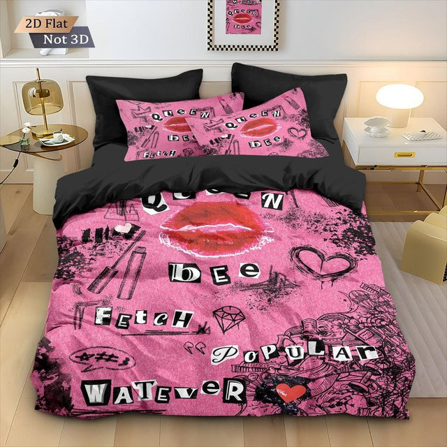 Flylo Bettwäscheset mit 3D Pink Lips Graffiti Design, bestehend aus Bettbezug und Kissenbezug, Farbe Pink, Breite: 100 cm, Tiefe: 135 cm - Bild 1