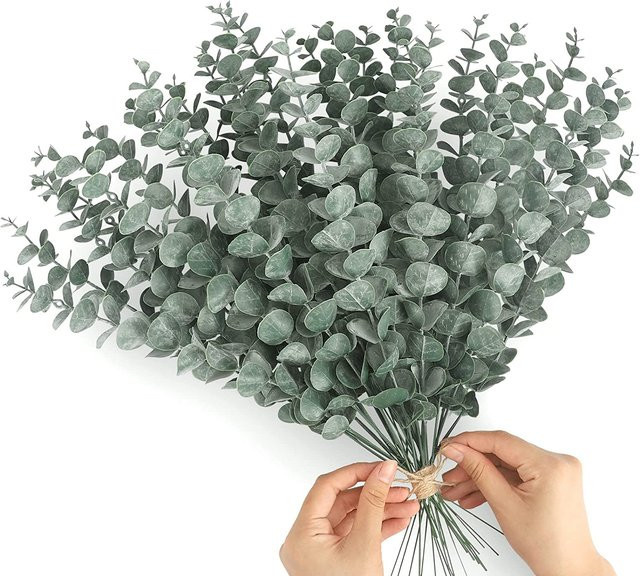 Yannew 12 Stück künstliche Eukalyptus-Stiele in Frosted Dark Green für Hochzeitsstrauß und Heimdekoration - Bild 1