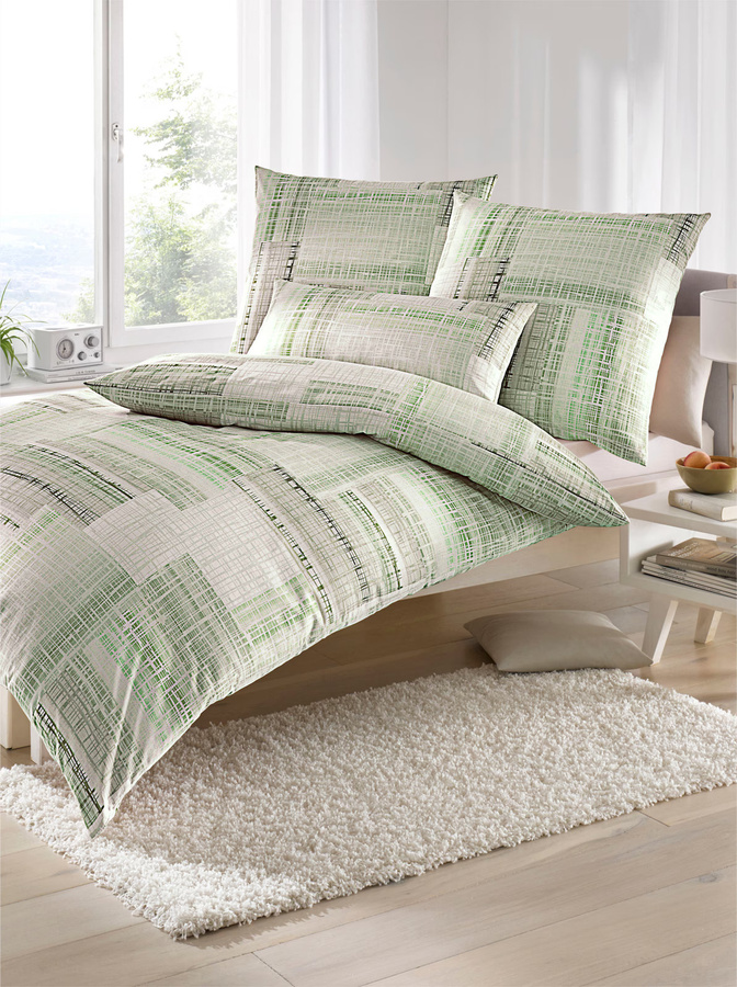 Biberna Bettwäsche aus Baumwolle mit Grafikdesign in Grün, modern, Bügelfrei, B/T/H: 80 x 80 / 155 x 200 cm, Kissenbezug: 40 x 80 cm - Bild 1