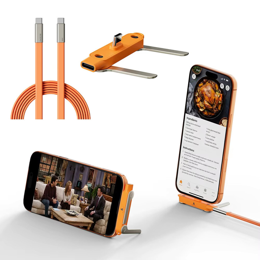 EOENKK 2-in-1 Schnellladekabel Typ-C zu Typ-C mit 240W und faltbarer Halterung für Telefon und Tablet, Schwarz/Orange - Bild 2