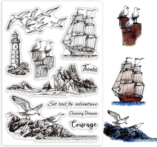 Ocean Reef Leuchtturm Silikon Stempel Set mit Segelboot und Möwe, transparent für DIY Scrapbooking - Bild 1