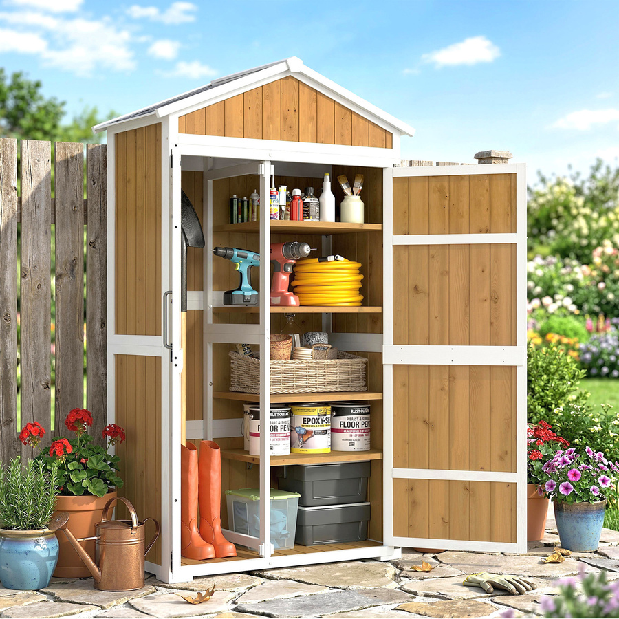 Outsunny Gartenschrank aus Fichtenholz mit Metalldach in Weiß und Natur, B/T/H: 105 x 55 x 179 cm - Bild 2