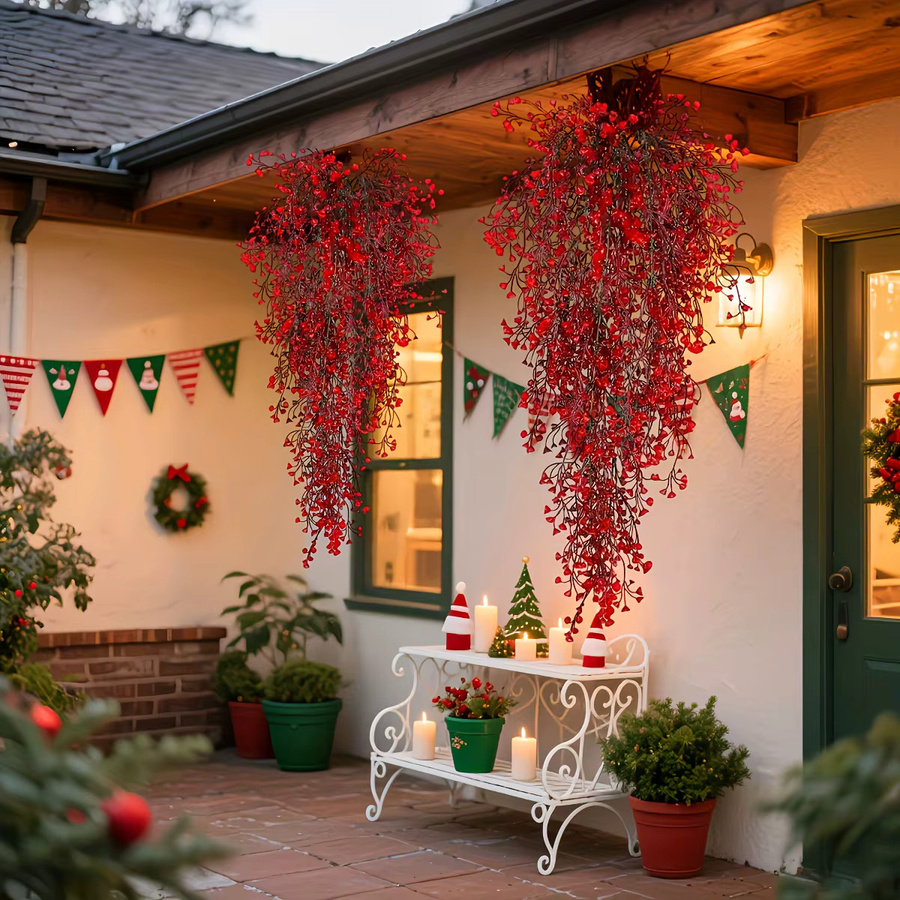 DUTRIEUX 3-teilige weihnachtliche Girlande mit roten Beeren und Blättern, UV-beständige künstliche Beerenrebe zum Aufhängen für drinnen und draußen, Rot und Gelb - Bild 4